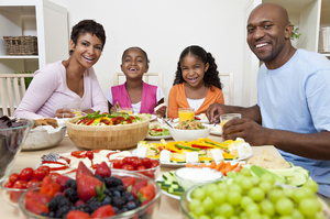 african-american-family-meal-father-mother-children-healthy-fruits-cheese-vegetables